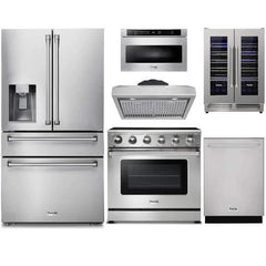 Thor Kitchen 6-Piece Appliance Package - 36-Inch Electric Range, Refrigerator with Water Dispenser, Under Cabinet Hood, Dishwasher, Microwave Drawer, & Wine Cooler in Stainless Steel - The Home Selection
