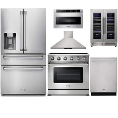 Thor Kitchen 6-Piece Appliance Package - 36-Inch Electric Range, Refrigerator with Water Dispenser, Wall Mount Hood, Dishwasher, Microwave Drawer, & Wine Cooler in Stainless Steel - The Home Selection