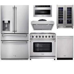 Thor Kitchen 6-Piece Appliance Package - 36-Inch Gas Range, Refrigerator with Water Dispenser, Under Cabinet Hood, Dishwasher, Microwave Drawer, & Wine Cooler in Stainless Steel - The Home Selection