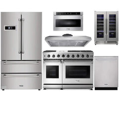Thor Kitchen 6-Piece Appliance Package - 48" Gas Range, French Door Refrigerator, Under-cabinet Hood, Dishwasher, Microwave Drawer, and Wine Cooler in Stainless Steel - The Home Selection