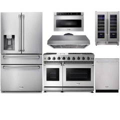 Thor Kitchen 6-Piece Appliance Package - 48-Inch Gas Range, Refrigerator with Water Dispenser, Under-cabinet Hood, Dishwasher, Microwave Drawer, & Wine Cooler in Stainless Steel - The Home Selection