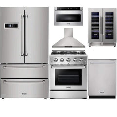 Thor Kitchen 6-Piece Pro Appliance Package - 30" Gas Range, French Door Refrigerator, Wall Mount Hood, Dishwasher, Microwave Drawer, & Wine Cooler in Stainless Steel - The Home Selection