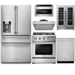 Thor Kitchen 6-Piece Pro Appliance Package - 30-Inch Gas Range, Refrigerator with Water Dispenser, Under Cabinet Hood, Dishwasher, Microwave Drawer, & Wine Cooler in Stainless Steel - The Home Selection