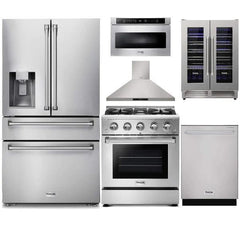 Thor Kitchen 6-Piece Pro Appliance Package - 30-Inch Gas Range, Refrigerator with Water Dispenser, Wall Mount Hood, Dishwasher, Microwave Drawer, & Wine Cooler in Stainless Steel - The Home Selection