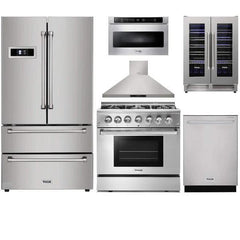Thor Kitchen 6-Piece Pro Appliance Package - 36" Dual Fuel Range, French Door Refrigerator, Wall Mount Hood, Dishwasher, Microwave Drawer, & Wine Cooler in Stainless Steel - The Home Selection