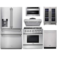 Thor Kitchen 6-Piece Pro Appliance Package - 36-Inch Dual Fuel Range, Refrigerator with Water Dispenser, Under Cabinet Hood, Dishwasher, Microwave Drawer, & Wine Cooler in Stainless Steel - The Home Selection