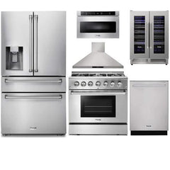 Thor Kitchen 6-Piece Pro Appliance Package - 36-Inch Dual Fuel Range, Refrigerator with Water Dispenser, Wall Mount Hood, Dishwasher, Microwave Drawer, & Wine Cooler in Stainless Steel - The Home Selection
