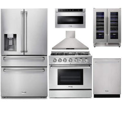 Thor Kitchen 6-Piece Pro Appliance Package - 36-Inch Gas Range, Refrigerator with Water Dispenser, Wall Mount Hood, Dishwasher, Microwave Drawer, & Wine Cooler in Stainless Steel - The Home Selection