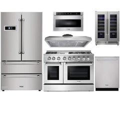 Thor Kitchen 6-Piece Pro Appliance Package - 48" Dual Fuel Range, French Door Refrigerator, Dishwasher, Under Cabinet Hood, Microwave Drawer, & Wine Cooler in Stainless Steel - The Home Selection