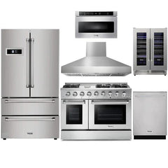Thor Kitchen 6-Piece Pro Appliance Package - 48" Gas Range, French Door Refrigerator, Dishwasher, Pro Wall Mount Hood, Microwave Drawer, & Wine Cooler in Stainless Steel - The Home Selection