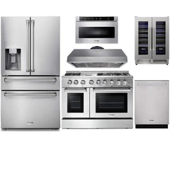 Thor Kitchen 6-Piece Pro Appliance Package - 48-Inch Gas Range, Refrigerator with Water Dispenser, Dishwasher, Under Cabinet Hood, Microwave Drawer, & Wine Cooler in Stainless Steel - The Home Selection