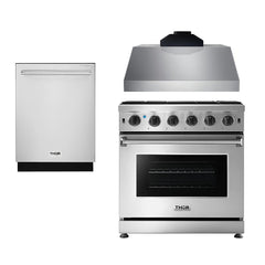 Thor Kitchen Appliance Package - 30 in. Natural Gas Range, Range Hood, Microwave Drawer, Refrigerator, Dishwasher - The Home Selection