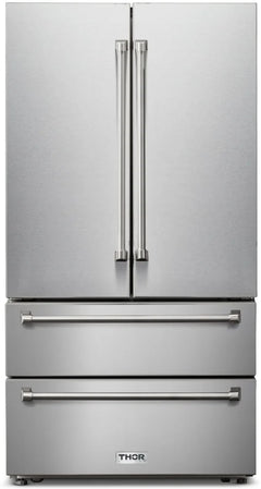 Thor Kitchen 36" French Door Refrigerator with 22.5 Cu. Ft. Total Capacity, Ice Maker, 2 Freezer Drawers, 6 One Gallon Door Storage Bins, Counter-Depth, LED Lighting, Adjustable Shelves, Door Alarm, Energy Star Certified - TRF3602