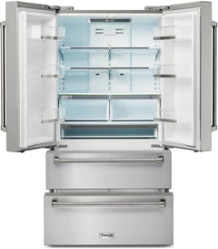 Thor Kitchen 5-Piece Appliance Package - 48" Gas Range, French Door Refrigerator, Pro Wall Mount Hood, Dishwasher, and Microwave Drawer in Stainless Steel