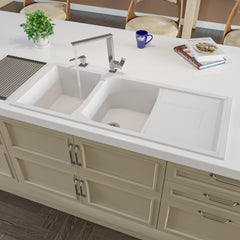 Alfi 46" Double Bowl Granite Composite Kitchen Sink with Drainboard - White