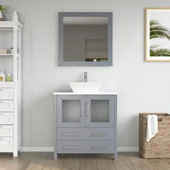 Vanity Art 30" Bathroom Vanity with Single Basin in White Engineered Marble Top and Mirror - VA3130 - The Home Selection