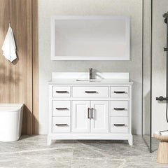 Vanity Art 48"Bath Vanity with Engineered Marble Top in White with Basin and Mirror - VA1048 - The Home Selection