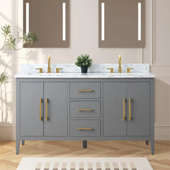 Vanity Art 60" Double Sink Bathroom Vanity Cabinet with Engineered Marble Top in White - VA9060D - The Home Selection