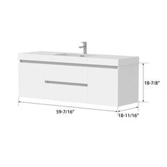 Vanity Art 60-Inch Bathroom Wall Hung Vanity in White with Single Basin Vanity Top in White Resin - VA6060W - The Home Selection