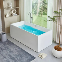 Vanity Art 67" Freestanding Bathtub White Acrylic Freestanding Soaking Tub | Contemporary Design with Pop-up Drain and Overflow, UPC Certified - VA6813B - The Home Selection