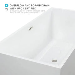 Vanity Art 67" Freestanding Bathtub White Acrylic Freestanding Soaking Tub | Contemporary Design with Pop-up Drain and Overflow, UPC Certified - VA6813B - The Home Selection