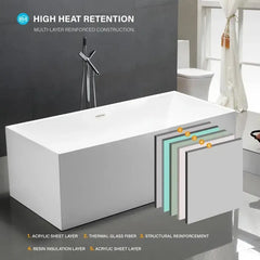 Vanity Art 67" Freestanding Bathtub White Acrylic Freestanding Soaking Tub | Contemporary Design with Pop-up Drain and Overflow, UPC Certified - VA6813B - The Home Selection