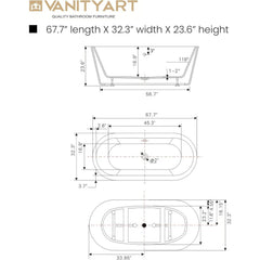 Vanity Art 68"Acrylic Flatbottom Freestanding Soaking Bathtub in White - VA6812 - The Home Selection