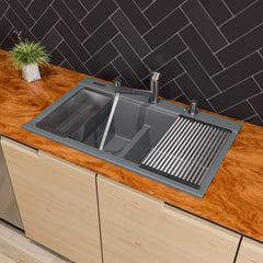 Alfi 33" Granite Composite Workstation Step Rim Double Bowl Drop In Sink with Accessories - Titanium
