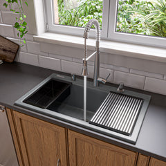 Alfi 33" Granite Composite Workstation Step Rim Single Bowl Drop In Sink with Accessories - Titanium