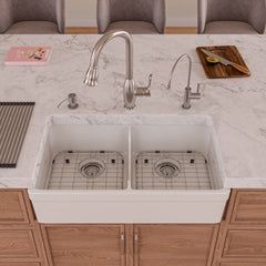 Alfi White 32  Short Wall Double Bowl Lip Apron Fireclay Farmhouse Kitchen Sink - AB5123-W