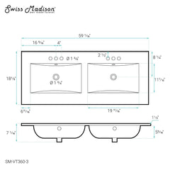 Swiss Madison 60 inch Vanity Top Bathroom Sink with 3 Holes - SM-VT360-3
