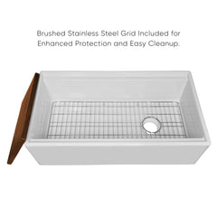 Whitehaus 33  Reversible Single Bowl Fireclay Sink Set with a Smooth Front Apron, Walnut Wood Cutting Board an