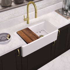 Whitehaus 33  Reversible Single Bowl Fireclay Sink Set with a Smooth Front Apron, Walnut Wood Cutting Board an