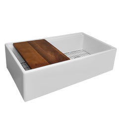 Whitehaus 36  Reversible Single Bowl Fireclay Sink Set with a Smooth Front Apron, Walnut Wood Cutting Board an