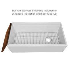Whitehaus 36  Reversible Single Bowl Fireclay Sink Set with a Smooth Front Apron, Walnut Wood Cutting Board an