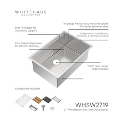 Whitehaus 27  Undermount Single Bowl 16 Gauge Brushed Stainless Steel Workstation Sink With Accessories - WHSW