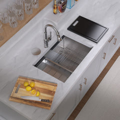 Whitehaus 27  Undermount Single Bowl 16 Gauge Brushed Stainless Steel Workstation Sink With Accessories - WHSW
