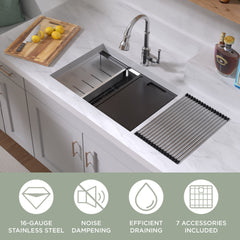 Whitehaus 27  Undermount Single Bowl 16 Gauge Brushed Stainless Steel Workstation Sink With Accessories - WHSW