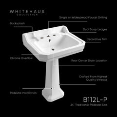 Whitehaus Isabella Collection Traditional Pedestal with Integrated Large Rectangular Bowl, Backsplash, Dual So