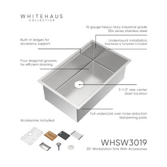 Whitehaus 30  Undermount Single Bowl 16 Gauge Brushed Stainless Steel Workstation Sink With Accessories - WHSW
