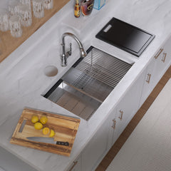 Whitehaus 30  Undermount Single Bowl 16 Gauge Brushed Stainless Steel Workstation Sink With Accessories - WHSW