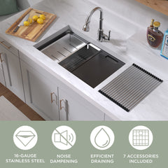 Whitehaus 30  Undermount Single Bowl 16 Gauge Brushed Stainless Steel Workstation Sink With Accessories - WHSW