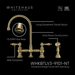 Whitehaus Vintage III Plus Bridge Faucet with Long Gooseneck Swivel Spout, Lever Handles and Solid Brass Side 