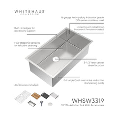 Whitehaus 33  Undermount Single Bowl 16 Gauge Brushed Stainless Steel Workstation Sink With Accessories - WHSW
