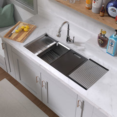 Whitehaus 33  Undermount Single Bowl 16 Gauge Brushed Stainless Steel Workstation Sink With Accessories - WHSW