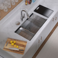 Whitehaus 33  Undermount Single Bowl 16 Gauge Brushed Stainless Steel Workstation Sink With Accessories - WHSW