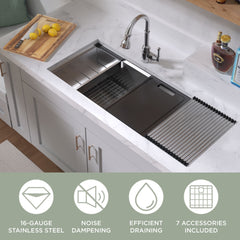 Whitehaus 33  Undermount Single Bowl 16 Gauge Brushed Stainless Steel Workstation Sink With Accessories - WHSW