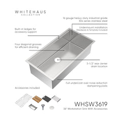 Whitehaus 36  Undermount Single Bowl 16 Gauge Brushed Stainless Steel Workstation Sink With Accessories - WHSW