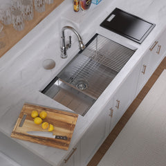 Whitehaus 36  Undermount Single Bowl 16 Gauge Brushed Stainless Steel Workstation Sink With Accessories - WHSW