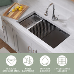 Whitehaus 36  Undermount Single Bowl 16 Gauge Brushed Stainless Steel Workstation Sink With Accessories - WHSW
